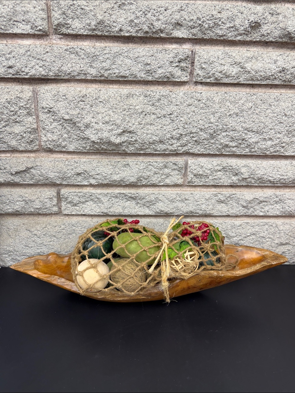 Rustic Holiday Decorative Wooden Bowl with Artificial Fruits